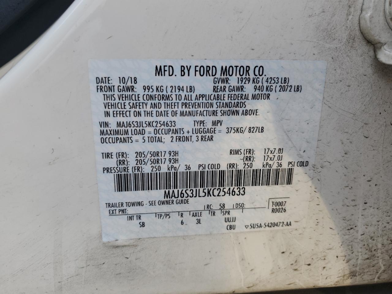 2019 Ford EcoSport VIN MAJ6S3JL5KC254633 Copart auction photo, front end damage thumbnail 14