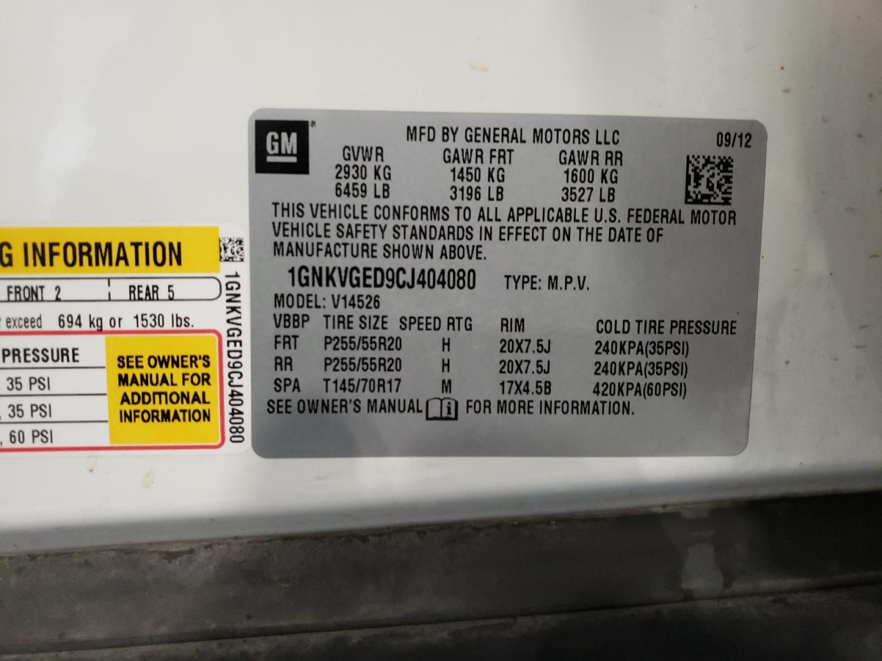 2012 Chevrolet Traverse VIN 1GNKVGED9CJ404080 Copart auction photo, front end / hail damage thumbnail 13