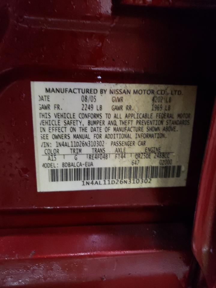 2006 Nissan Altima VIN 1N4AL11D26N310302 Copart auction photo, front end damage thumbnail 12