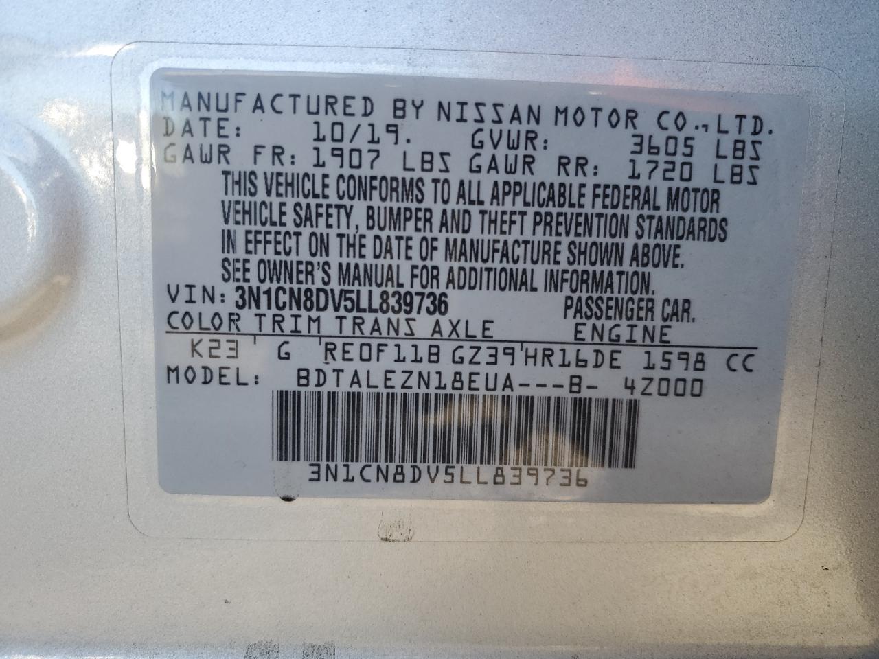 2020 Nissan Versa VIN 3N1CN8DV5LL839736 Copart auction photo, front end / minor dent/scratches damage thumbnail 12