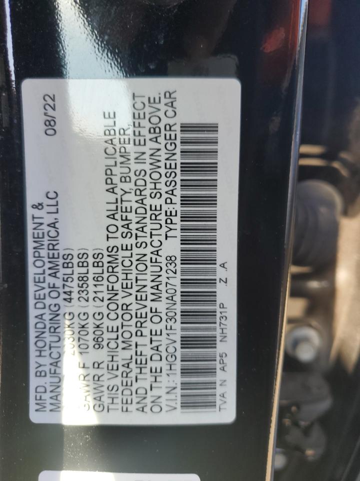 2022 Honda Accord VIN 1HGCV1F30NA071238 Copart auction photo, minor dent/scratches damage thumbnail 12