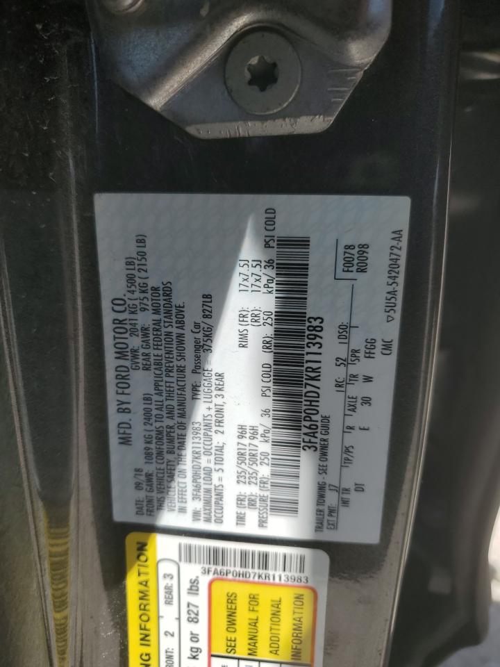 2019 Ford Fusion VIN 3FA6P0HD7KR113983 Copart auction photo, front end / rear end damage thumbnail 12