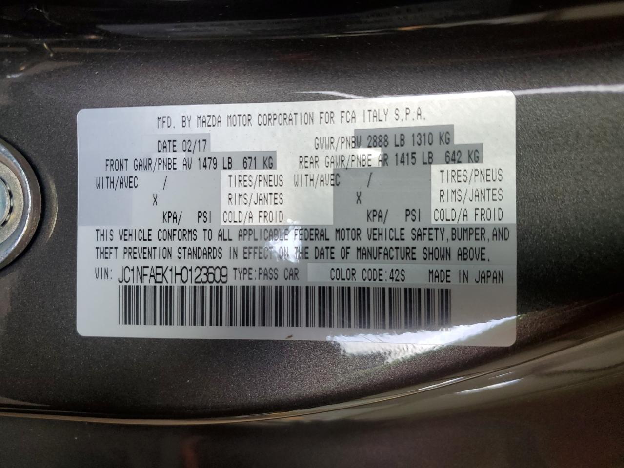 2017 Fiat 124 Spider VIN JC1NFAEK1H0123609 Copart auction photo, all over / mechanical damage thumbnail 13