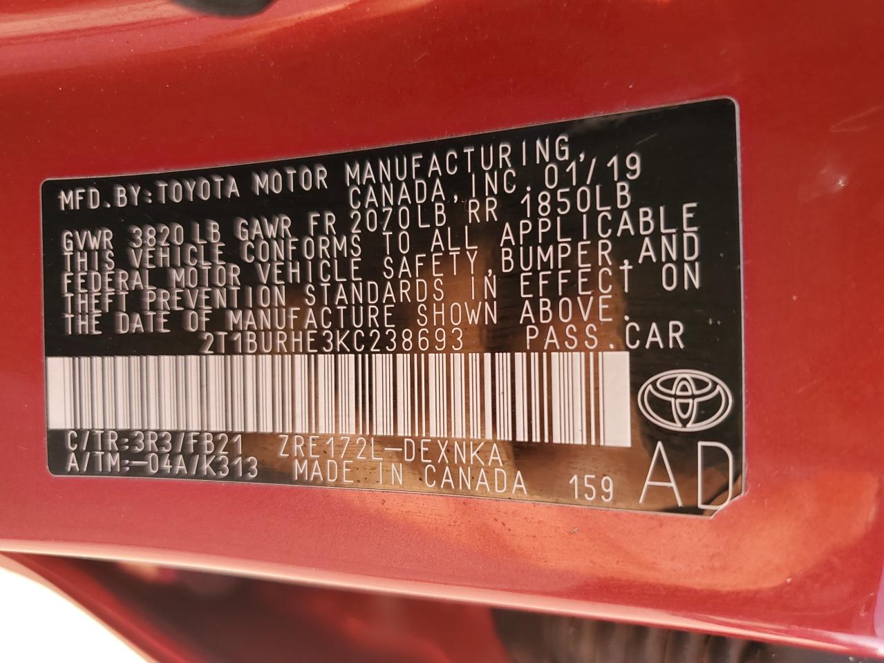 2019 Toyota Corolla VIN 2T1BURHE3KC238693 Copart auction photo, rear end damage thumbnail 13
