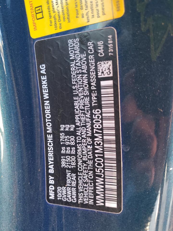 2021 MINI Cooper VIN WMWWJ5C01M3M78056 Copart auction photo, water/flood / mechanical damage thumbnail 13