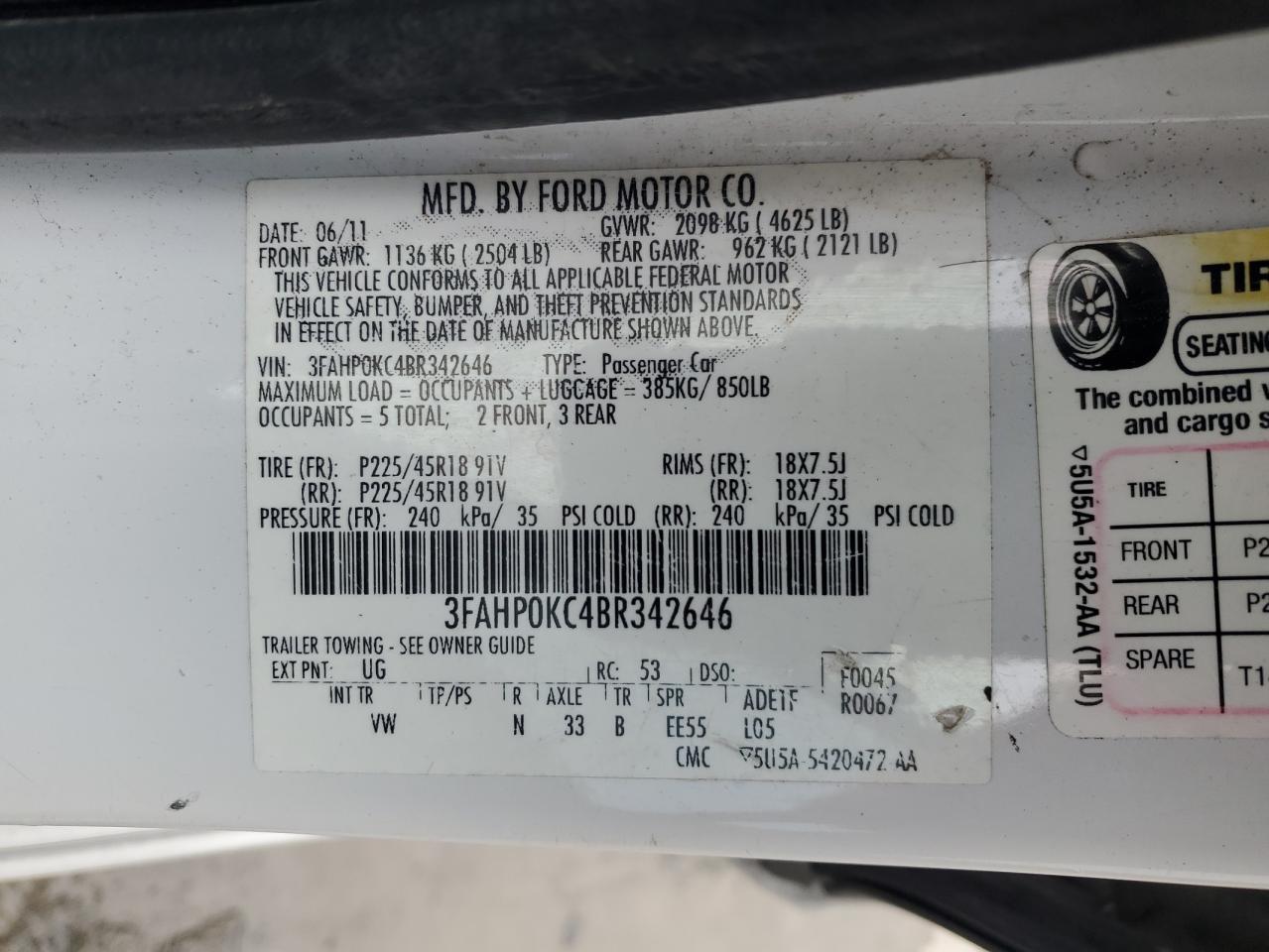 2011 Ford Fusion VIN 3FAHP0KC4BR342646 Copart auction photo, front end damage thumbnail 12