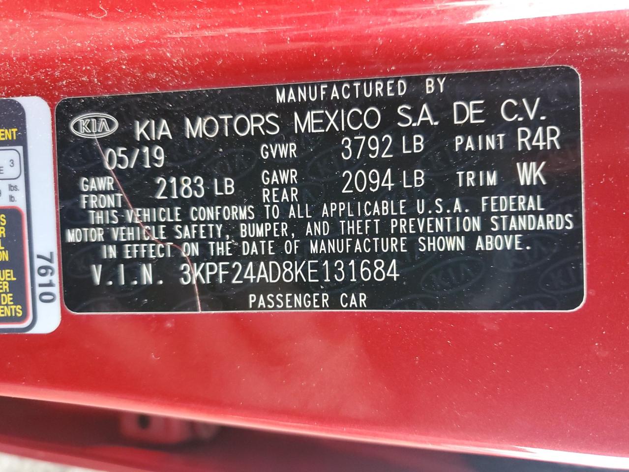 2019 KIA Forte VIN 3KPF24AD8KE131684 Copart auction photo, front end / side damage thumbnail 13