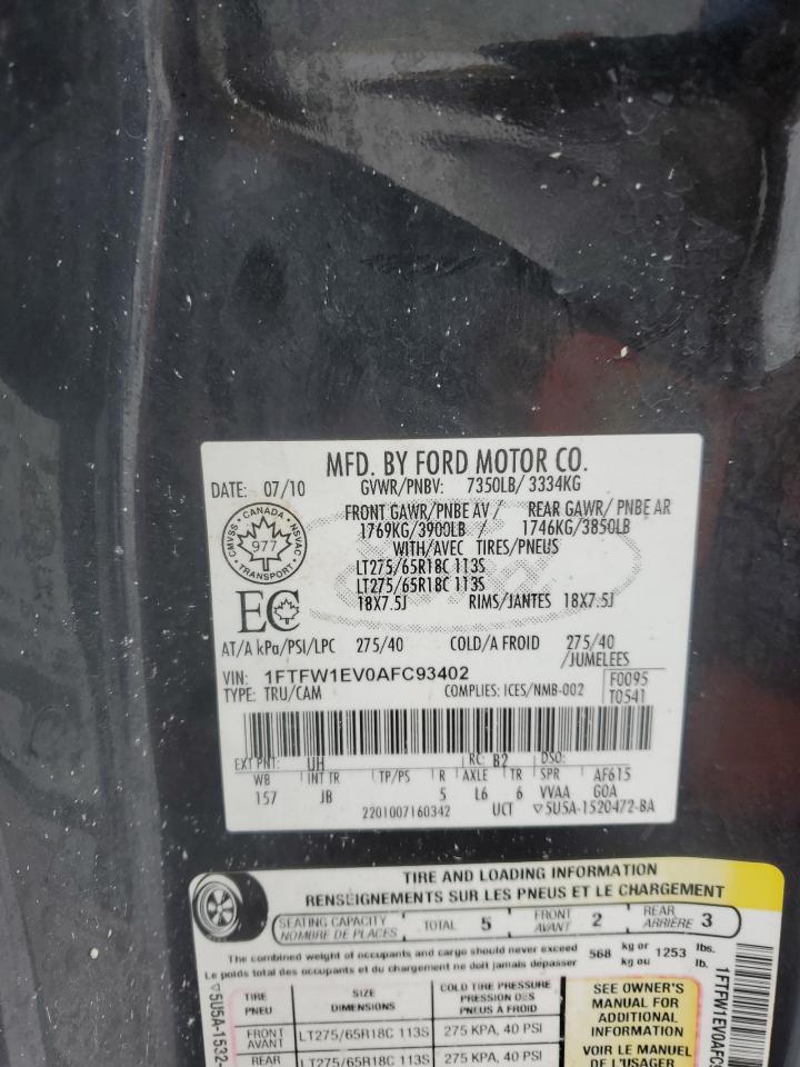 2010 Ford F-150 VIN 1FTFW1EV0AFC93402 Copart auction photo, front end / minor dent/scratches damage thumbnail 14