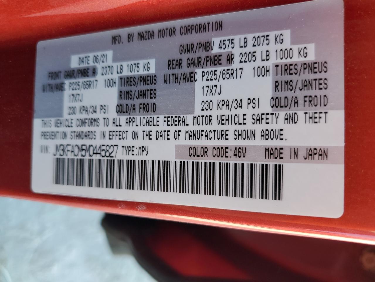 2021 Mazda CX-5 VIN JM3KFACM5M0445827 Copart auction photo, water/flood damage thumbnail 14