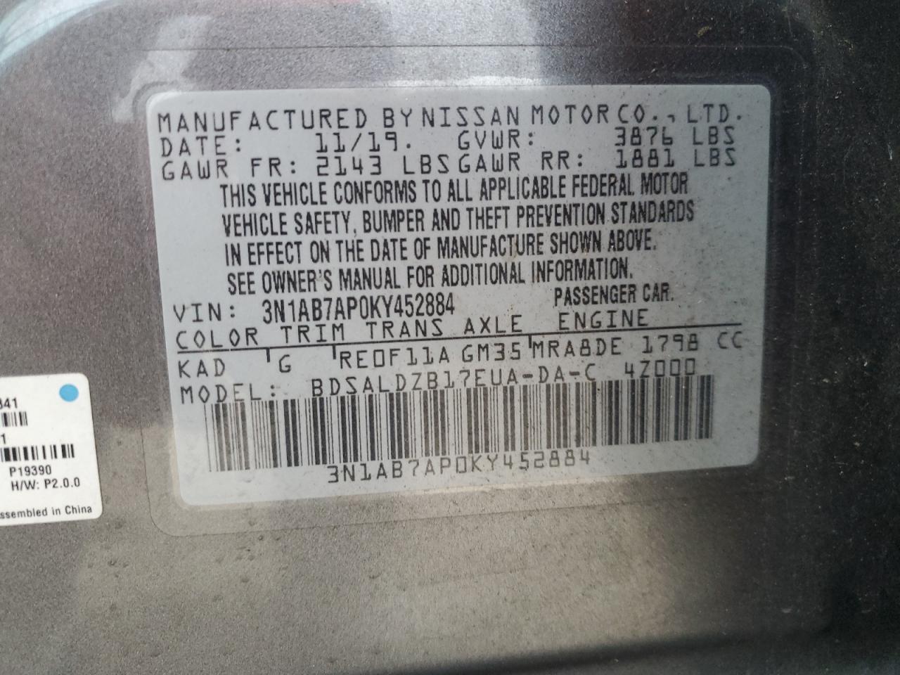 2019 Nissan Sentra VIN 3N1AB7AP0KY452884 Copart auction photo, rear end / front end damage thumbnail 15