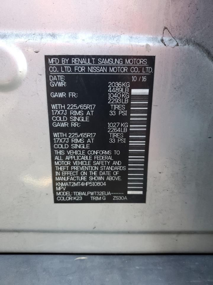 2017 Nissan Rogue VIN KNMAT2MT4HP510804 Copart auction photo, side / rear end damage thumbnail 16
