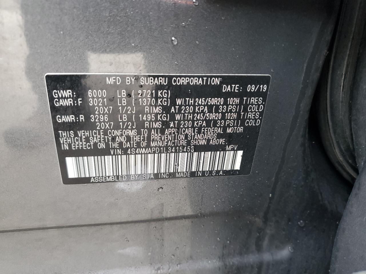 2020 Subaru Ascent VIN 4S4WMAPD1L3415453 Copart auction photo, rear end / minor dent/scratches damage thumbnail 14