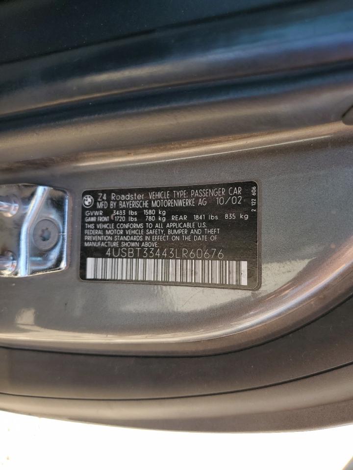 2003 BMW Z4 VIN 4USBT33443LR60676 Copart auction photo, rear end damage thumbnail 12
