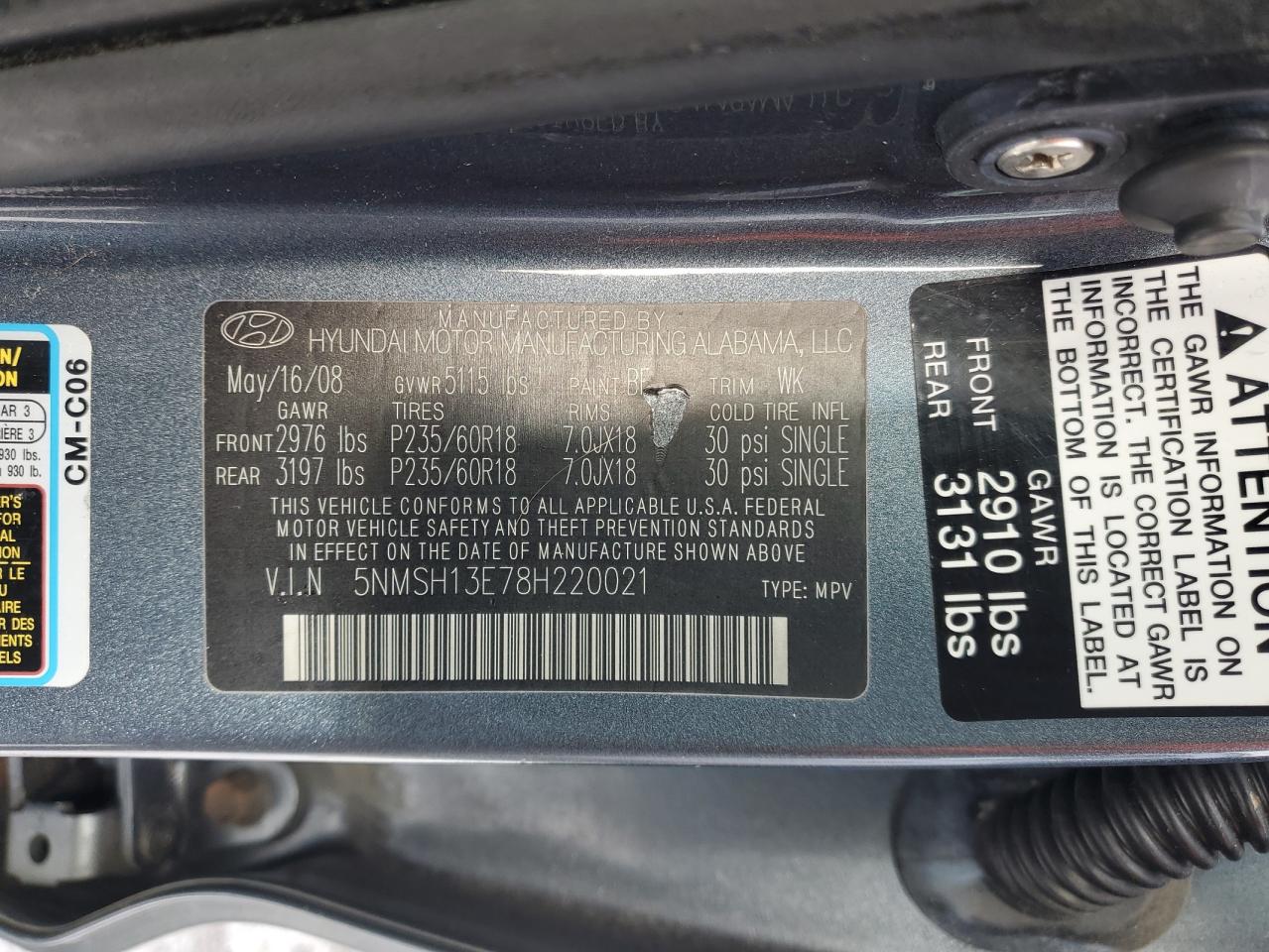 2008 Hyundai Santa Fe VIN 5NMSH13E78H220021 Copart auction photo, front end / side damage thumbnail 13