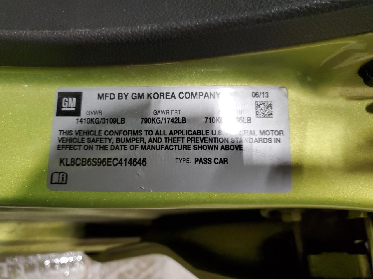 2014 Chevrolet Spark VIN KL8CB6S96EC414646 Copart auction photo, front end damage thumbnail 12