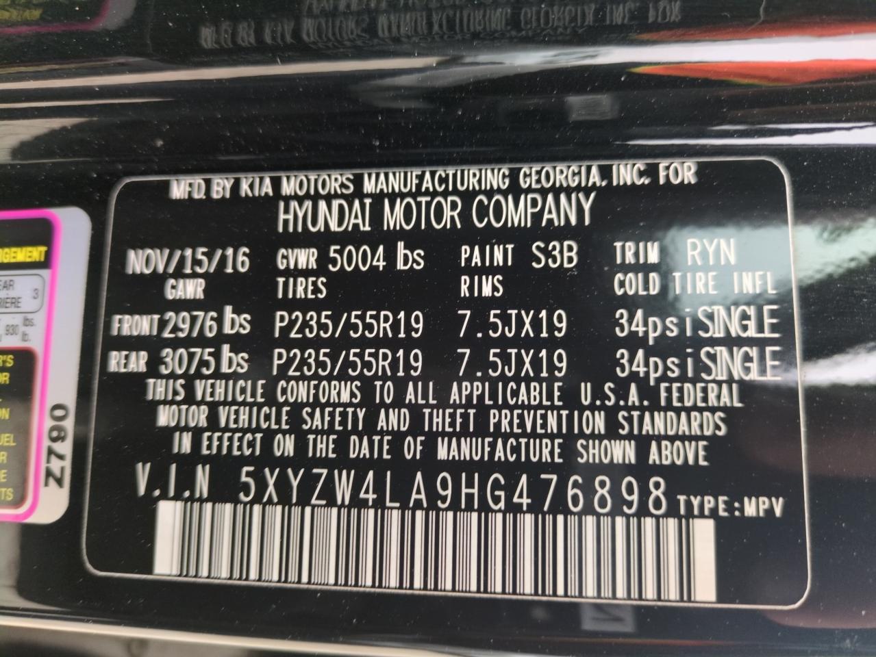 2017 Hyundai Santa Fe VIN 5XYZW4LA9HG476898 Copart auction photo, front end damage thumbnail 13