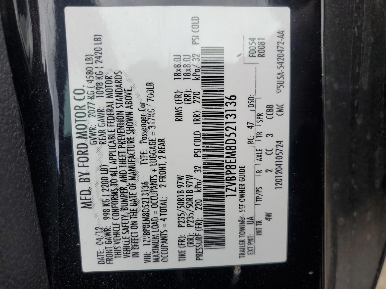 2013 Ford Mustang VIN 1ZVBP8EM8D5213136 Copart auction photo, side / rear end damage thumbnail 12