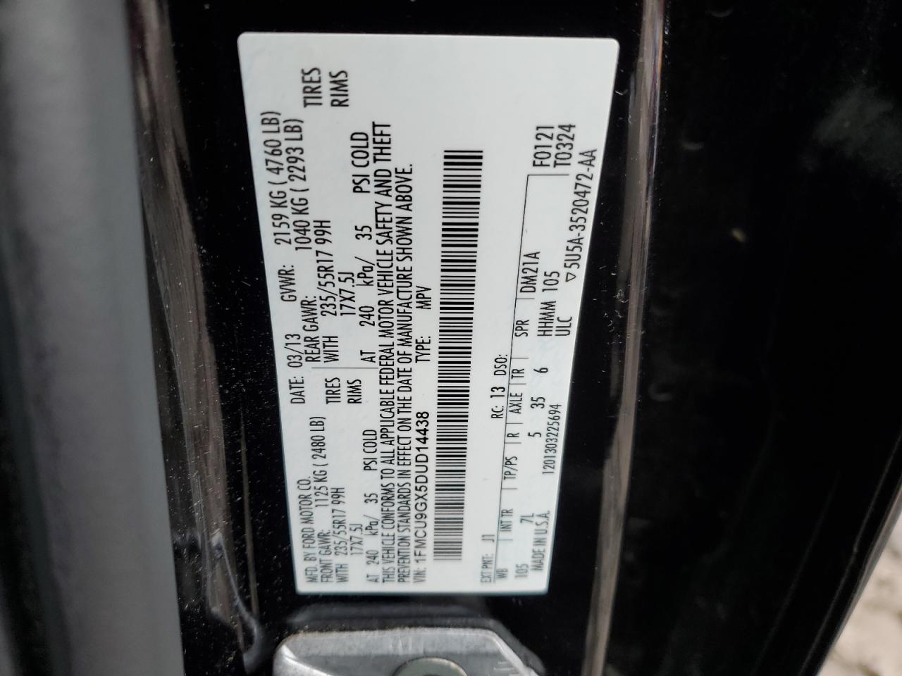 2013 Ford Escape VIN 1FMCU9GX5DUD14438 Copart auction photo, mechanical damage thumbnail 13