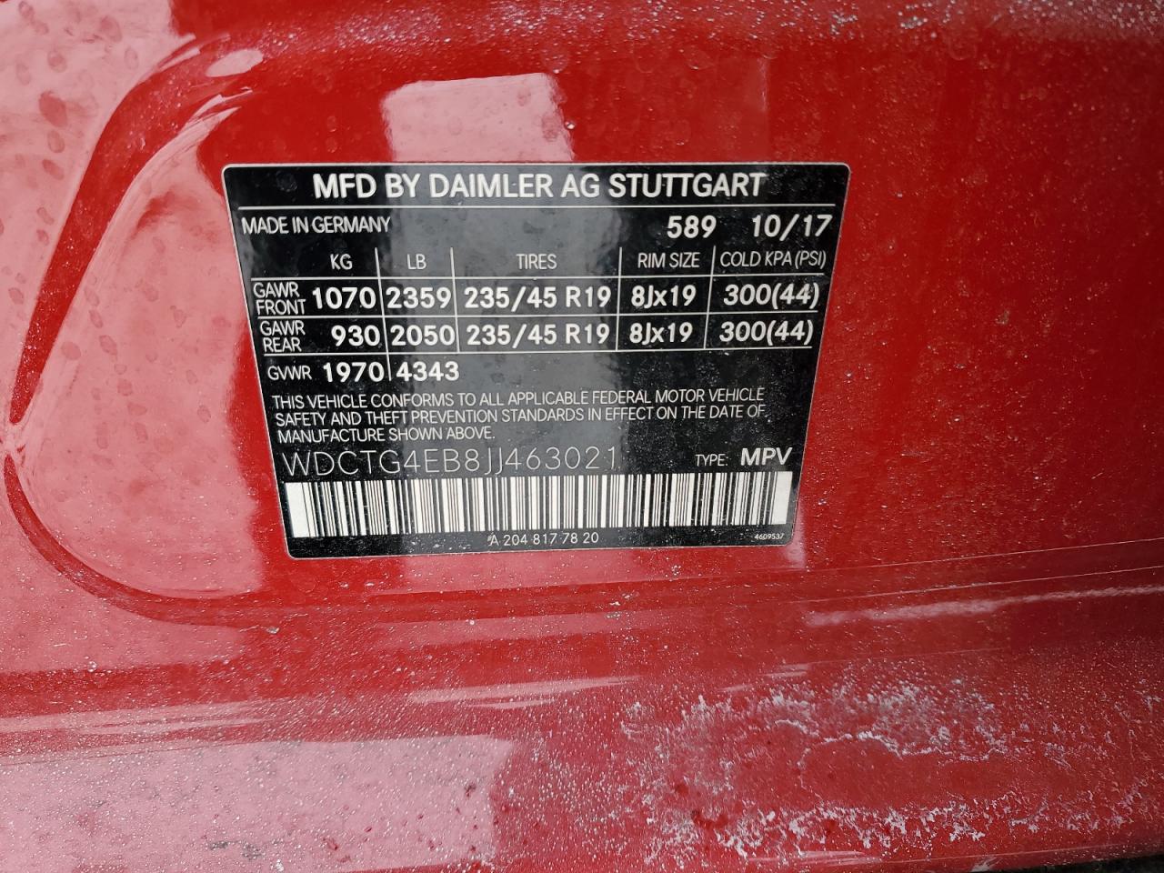 2018 Mercedes-Benz GLA-klasse VIN WDCTG4EB8JJ463021 Copart auction photo, vandalism damage thumbnail 15