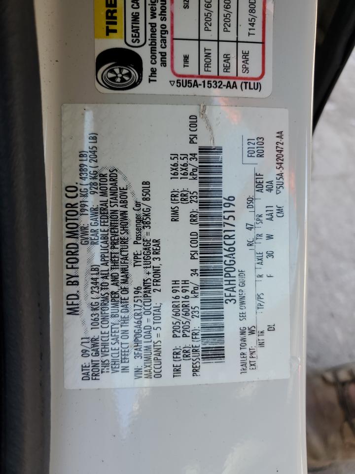 2012 Ford Fusion VIN 3FAHP0GA6CR175196 Copart auction photo, front end / frame damage damage thumbnail 12