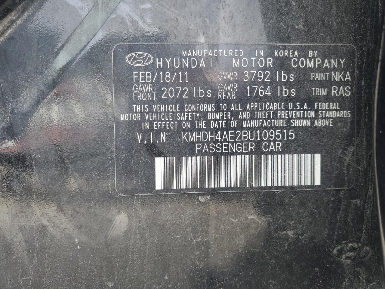2011 Hyundai Elantra VIN KMHDH4AE2BU109515 Copart auction photo, mechanical damage thumbnail 12