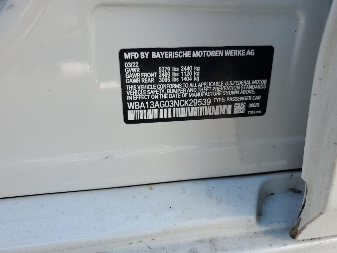 2022 BMW 5er VIN WBA13AG03NCK29539 Copart auction photo, water/flood / minor dent/scratches damage thumbnail 13