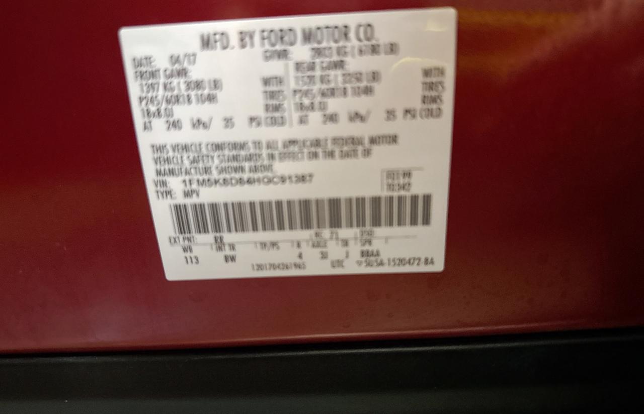 2017 Ford Explorer VIN 1FM5K8D84HGC91387 Copart auction photo, normal wear / minor dent/scratches damage thumbnail 10