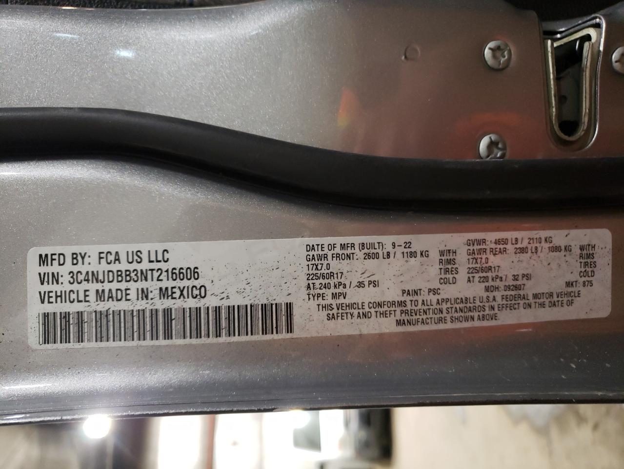 2022 Jeep Compass VIN 3C4NJDBB3NT216606 Copart auction photo, vandalism / all over damage thumbnail 13