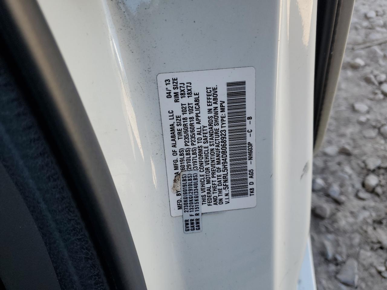 2013 Honda Odyssey VIN 5FNRL5H94DB068923 Copart auction photo, side damage thumbnail 12