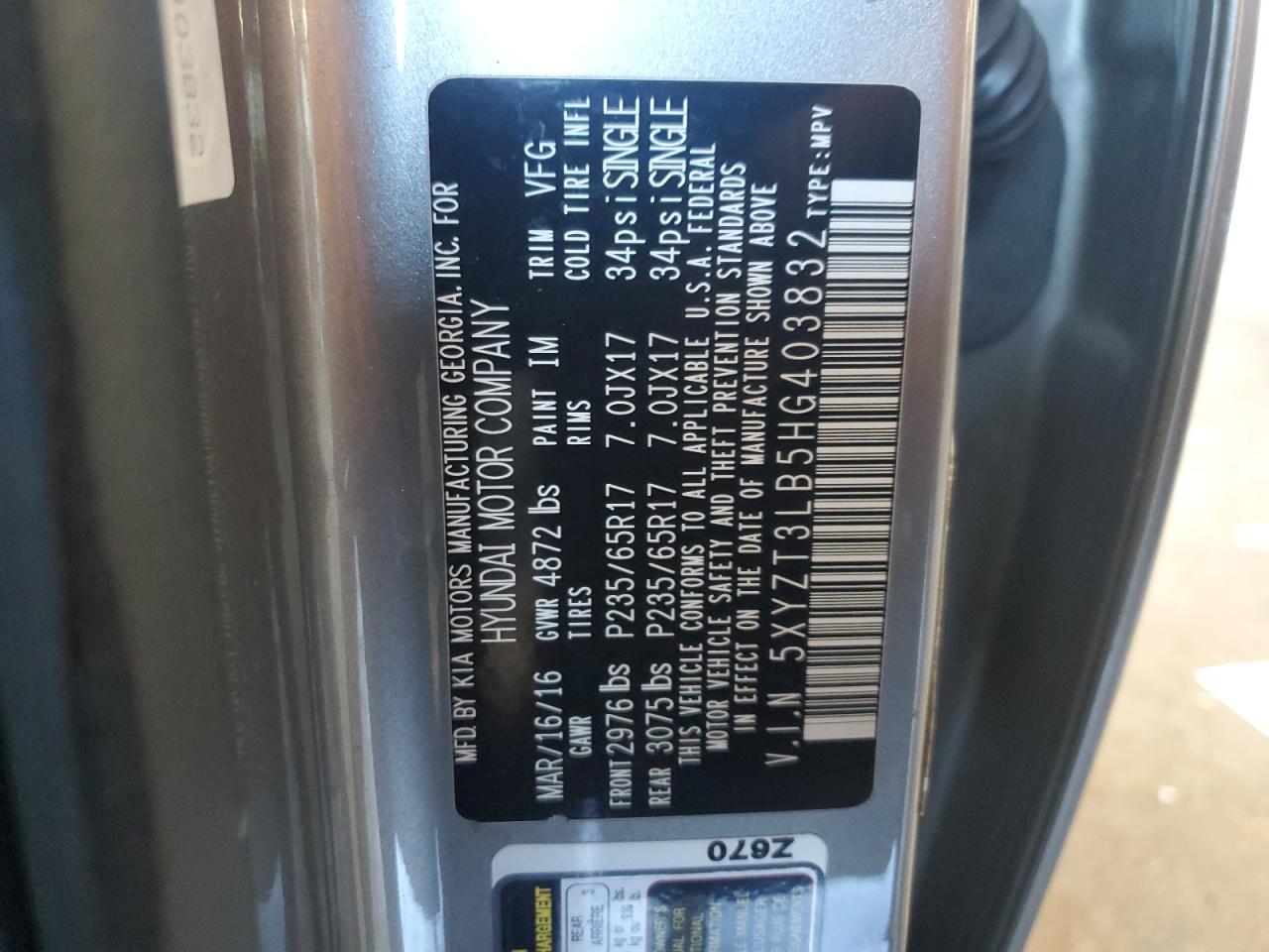 2017 Hyundai Santa Fe VIN 5XYZT3LB5HG403832 Copart auction photo, front end / side damage thumbnail 14