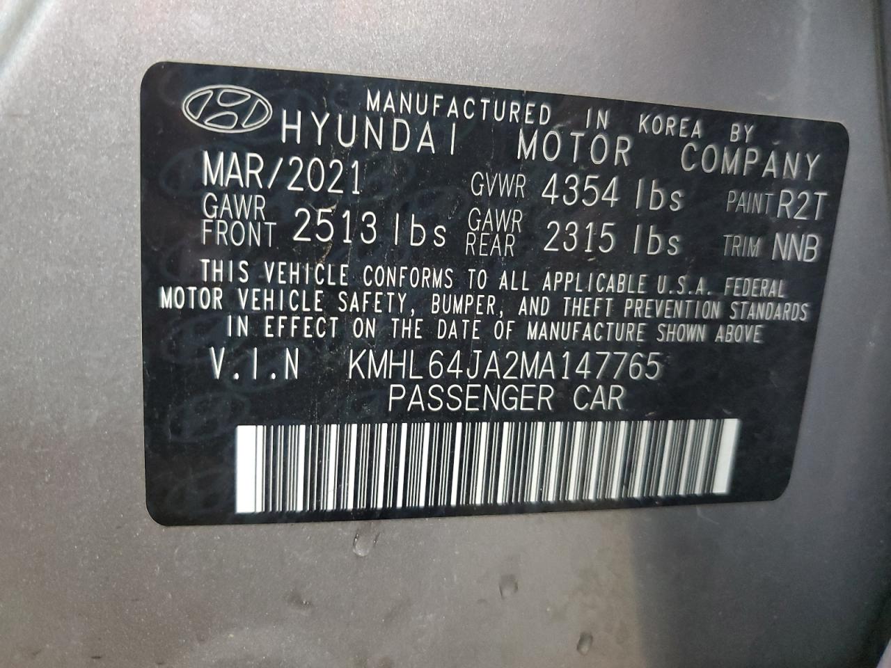 2021 Hyundai Sonata VIN KMHL64JA2MA147765 Copart auction photo, front end damage thumbnail 12