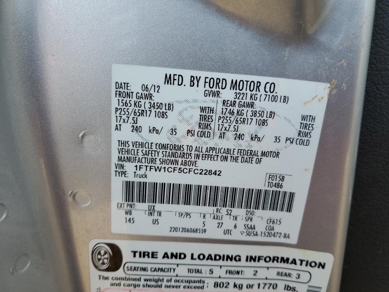 2012 Ford F-150 VIN 1FTFW1CF5CFC22842 Copart auction photo, side damage thumbnail 12