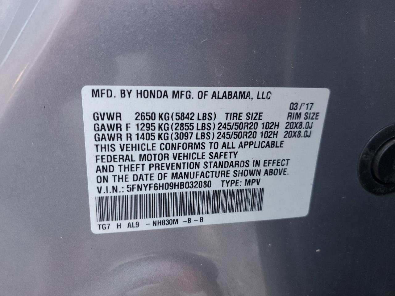 2017 Honda Pilot VIN 5FNYF6H09HB032080 Copart auction photo, rear end / side damage thumbnail 13