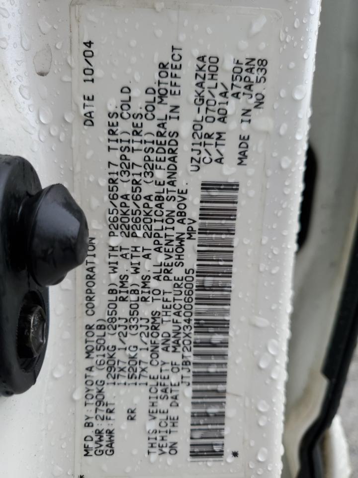 2004 Lexus GX VIN JTJBT20X340066005 Copart auction photo, front end damage thumbnail 14