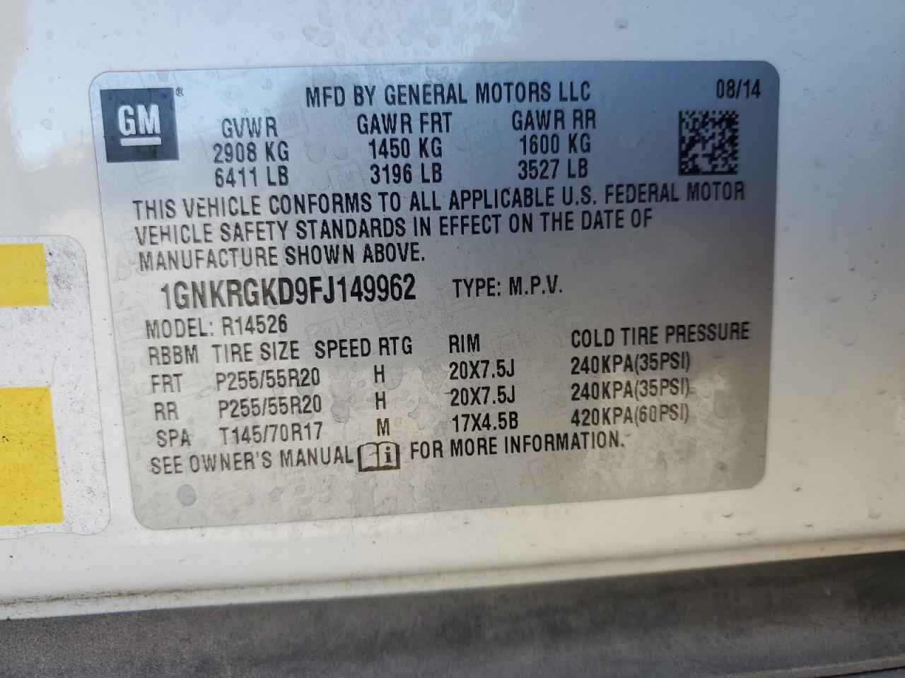 2015 Chevrolet Traverse VIN 1GNKRGKD9FJ149962 Copart auction photo, side damage thumbnail 15