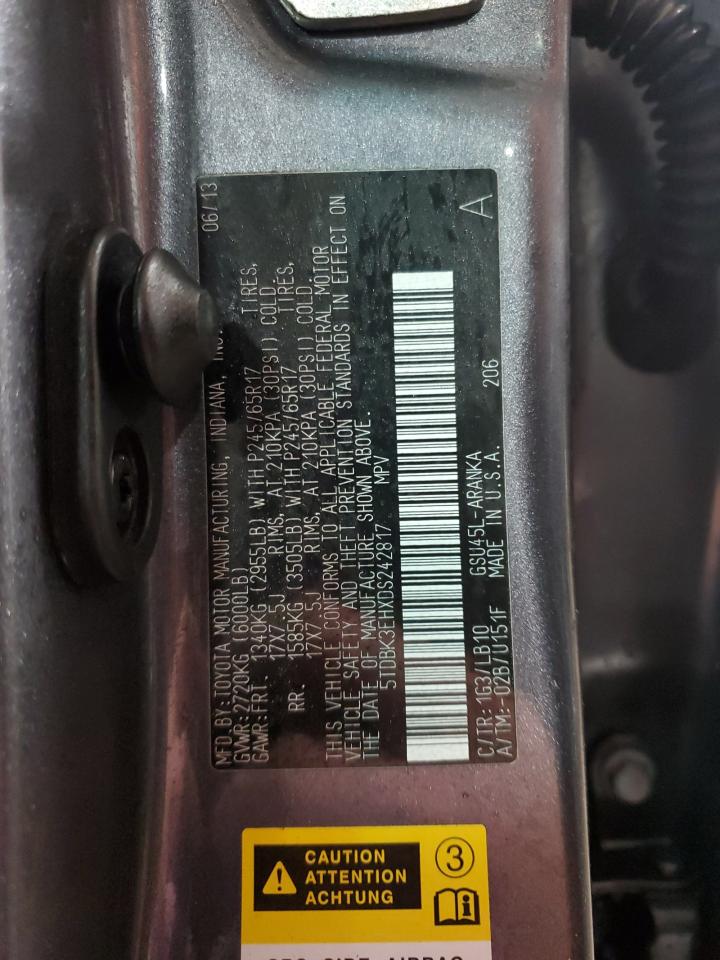 2013 Toyota Highlander VIN 5TDBK3EHXDS242817 Copart auction photo, front end damage thumbnail 15