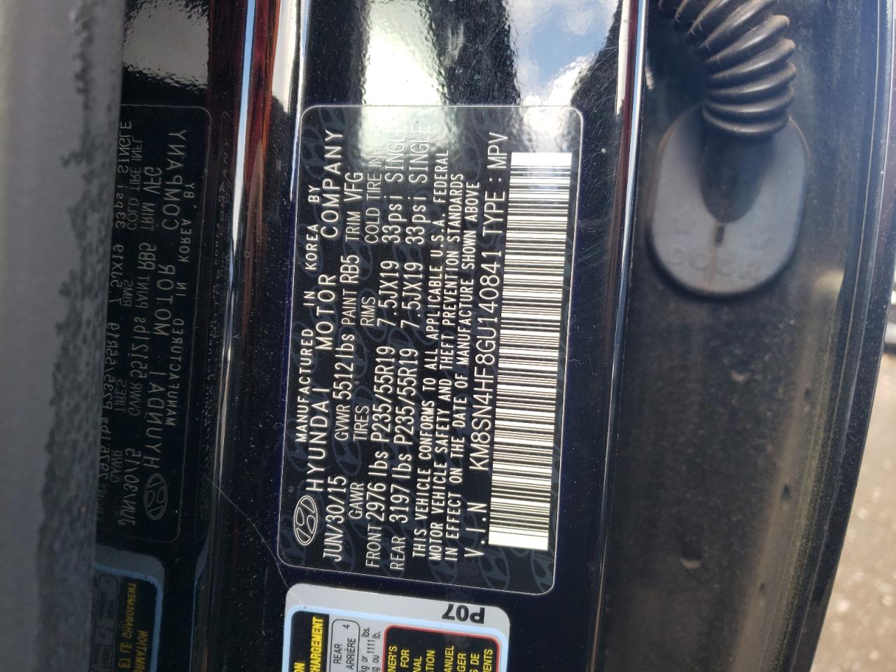 2016 Hyundai Santa Fe VIN KM8SN4HF8GU140841 Copart auction photo, side / rear end damage thumbnail 12