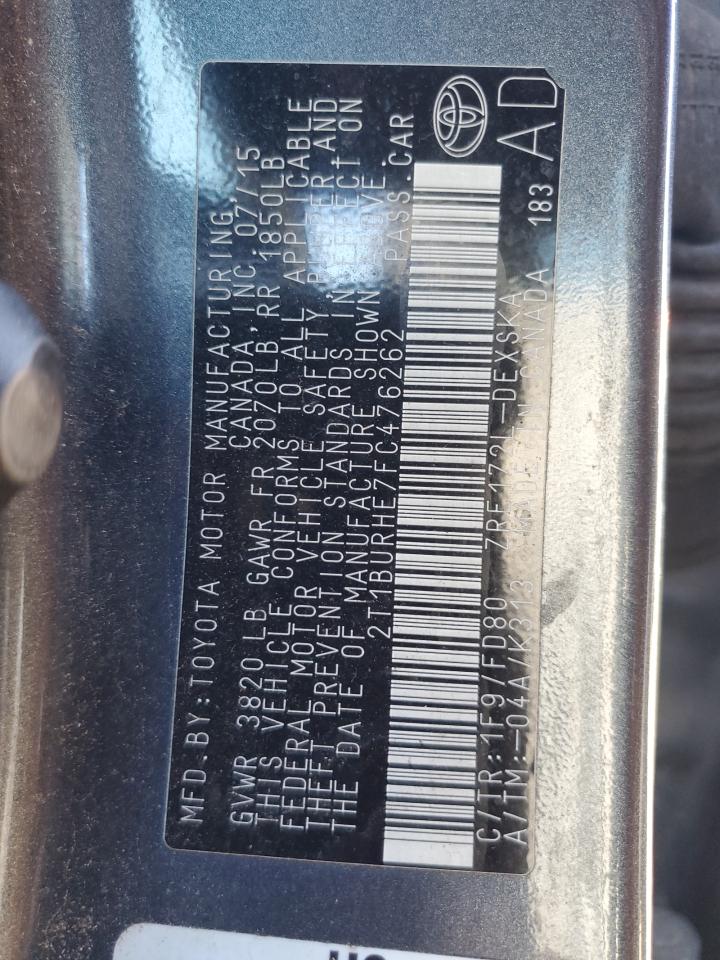 2015 Toyota Corolla VIN 2T1BURHE7FC476262 Copart auction photo, water/flood / front end damage thumbnail 12