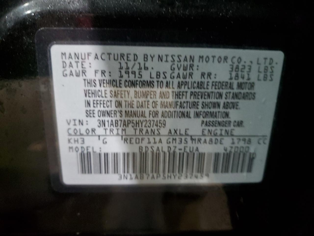 2017 Nissan Sentra VIN 3N1AB7AP5HY237459 Copart auction photo, front end damage thumbnail 12