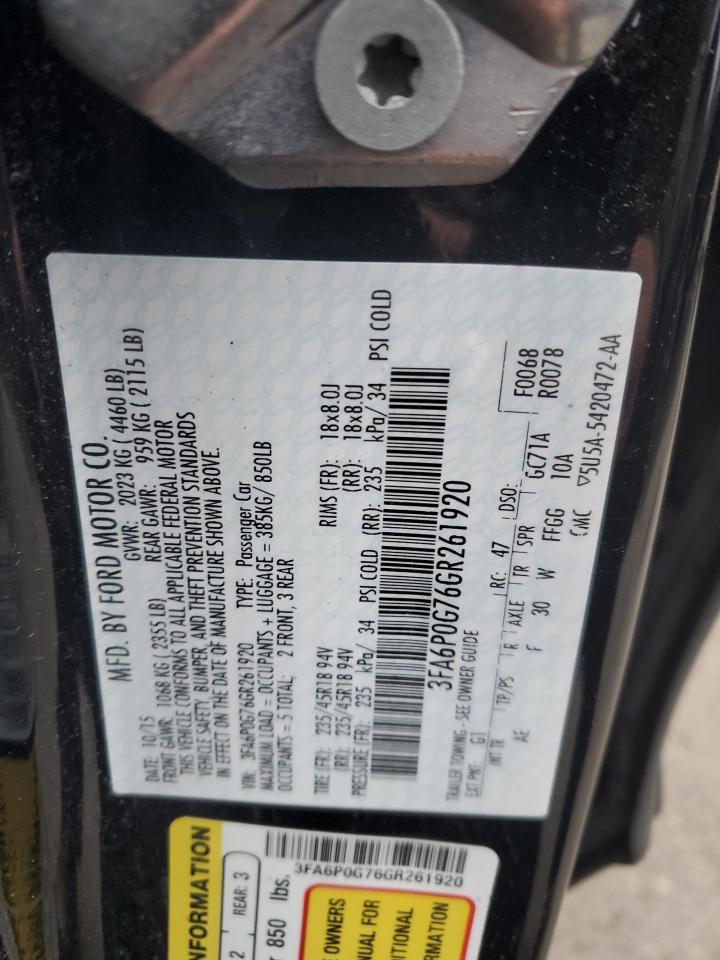 2016 Ford Fusion VIN 3FA6P0G76GR261920 Copart auction photo, rear end / side damage thumbnail 12