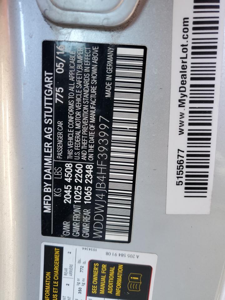 2017 Mercedes-Benz C-klasse VIN WDDWJ4JB4HF393997 Copart auction photo, front end / side damage thumbnail 12