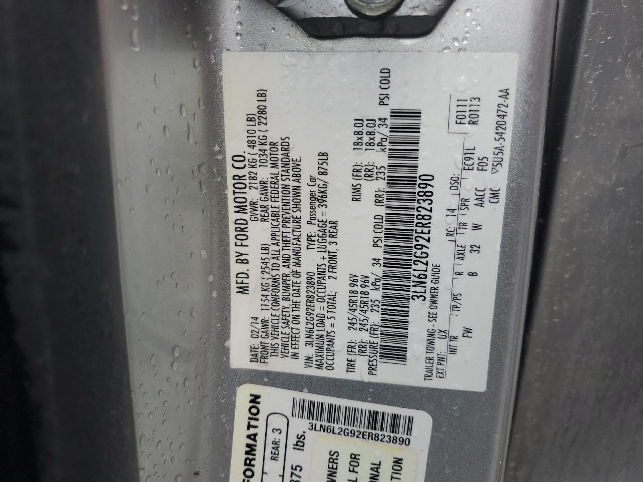 2014 Lincoln MKZ VIN 3LN6L2G92ER823890 Copart auction photo, front end damage thumbnail 14