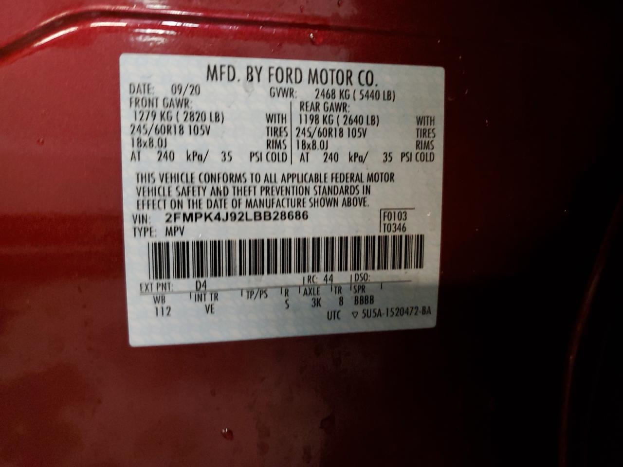 2020 Ford Edge VIN 2FMPK4J92LBB28686 Copart auction photo, front end damage thumbnail 13