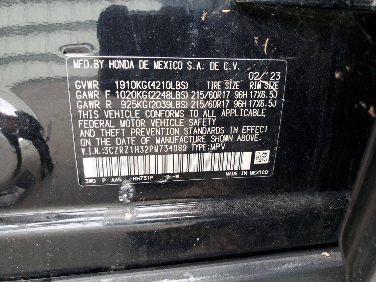 2023 Honda HR-V VIN 3CZRZ1H32PM734089 Copart auction photo, front end damage thumbnail 12