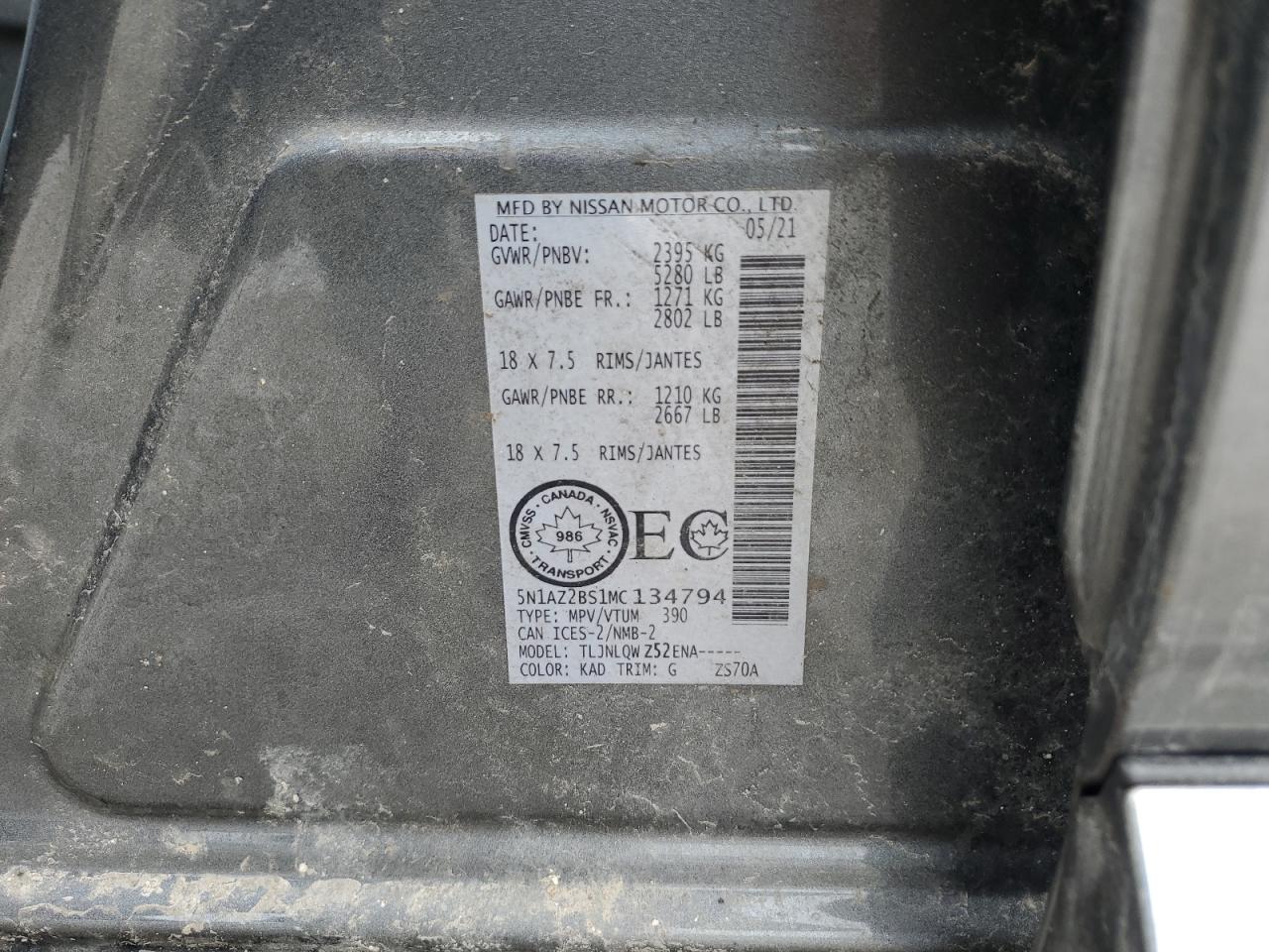 2021 Nissan Murano VIN 5N1AZ2BS1MC134794 Copart auction photo, side / front end damage thumbnail 13