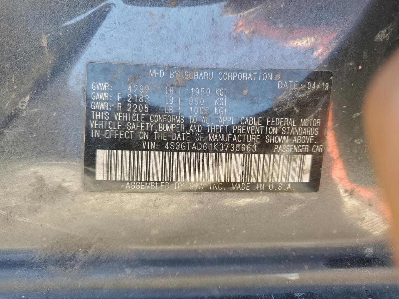 2019 Subaru Impreza VIN 4S3GTAD61K3735663 Copart auction photo, side / all over damage thumbnail 12