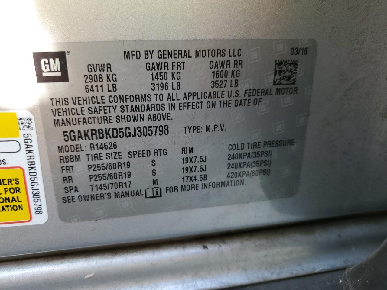 2016 Buick Enclave VIN 5GAKRBKD5GJ305798 Copart auction photo, all over damage thumbnail 13