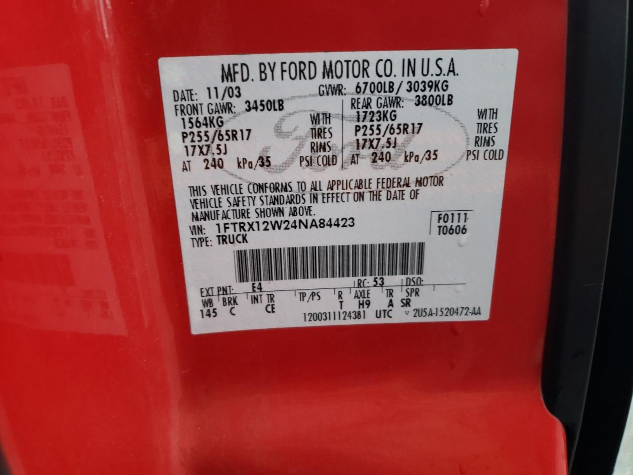 2004 Ford F-150 VIN 1FTRX12W24NA84423 Copart auction photo, front end / minor dent/scratches damage thumbnail 14