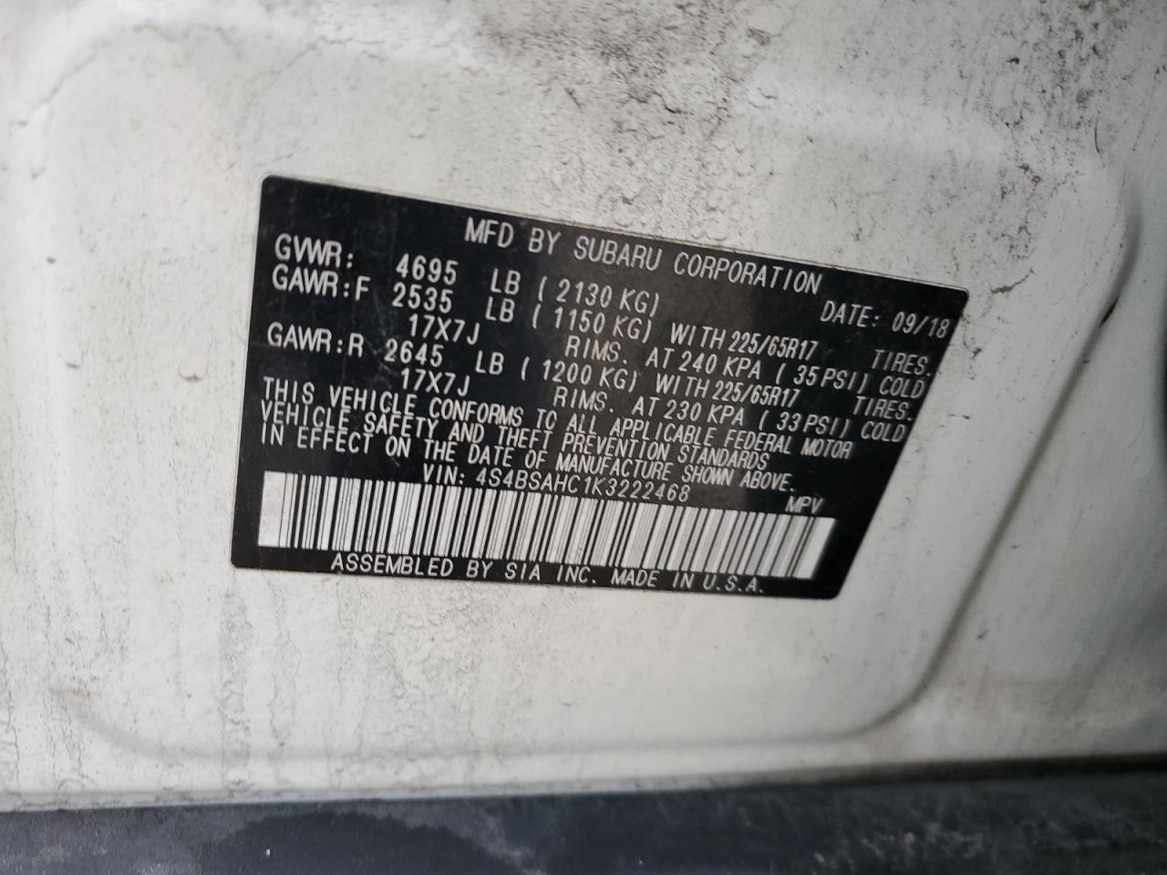 2019 Subaru Outback VIN 4S4BSAHC1K3222468 Copart auction photo, front end damage thumbnail 13