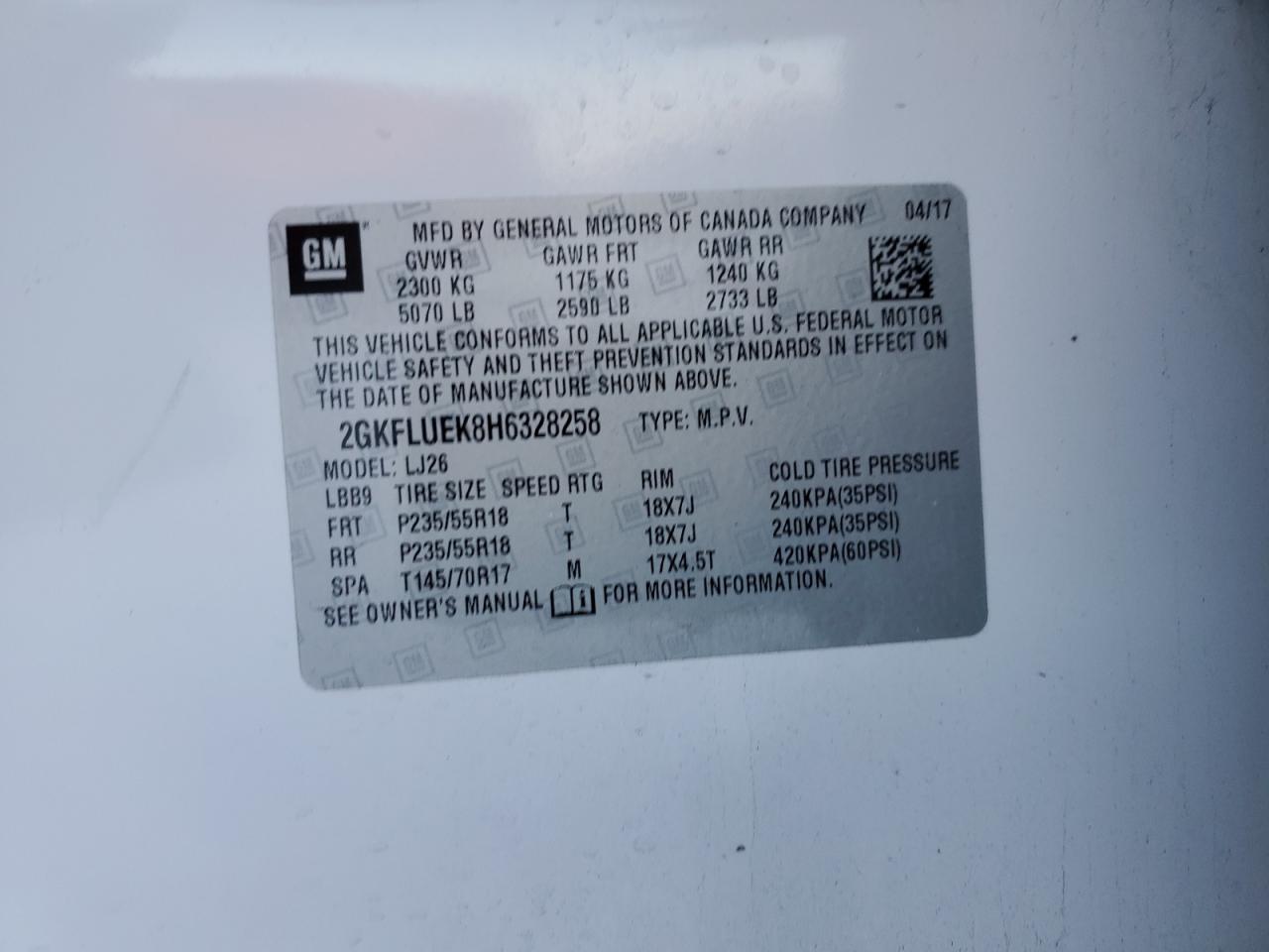 2017 GMC Terrain VIN 2GKFLUEK8H6328258 Copart auction photo, mechanical damage thumbnail 12